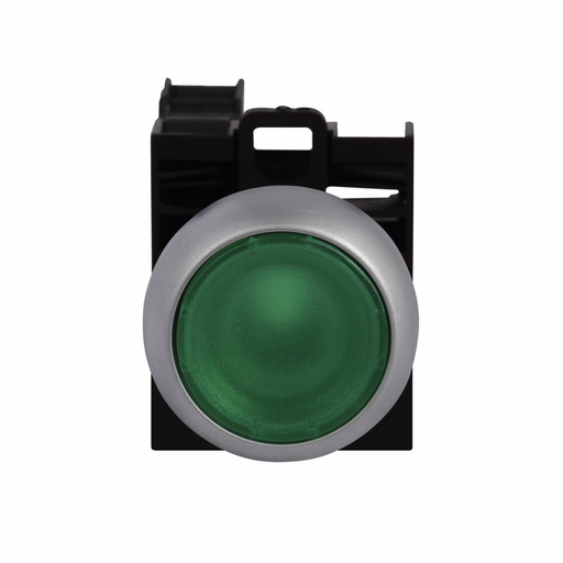 Product image for Cutler-Hammer M22-DL-G-K10-230G M22 modular pushbutton, Complete Device, 22.5 mm, Flush, Momentary, Illuminated, Bezel: Silver, Button: Green, 1NO, IP67, IP69K, NEMA 4X, 13, 85-264V