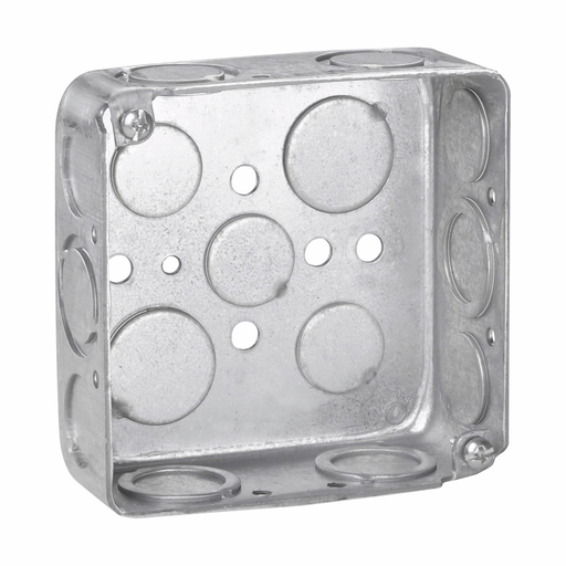 Product image for Crouse-Hinds TP405 4" Square Outlet Box, 1-1/2" Deep, Drawn Steel, 1/2" & 3/4" Side & Bottom Knockouts