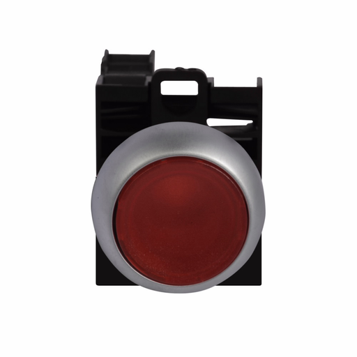 Product image for Cutler-Hammer M22-DL-R-K01-230R M22 modular pushbutton, Complete Device, 22.5 mm, Flush, Momentary, Illuminated, Bezel: Silver, Button: Red, 1NC, IP67, IP69K, NEMA 4X, 13, 85-264V