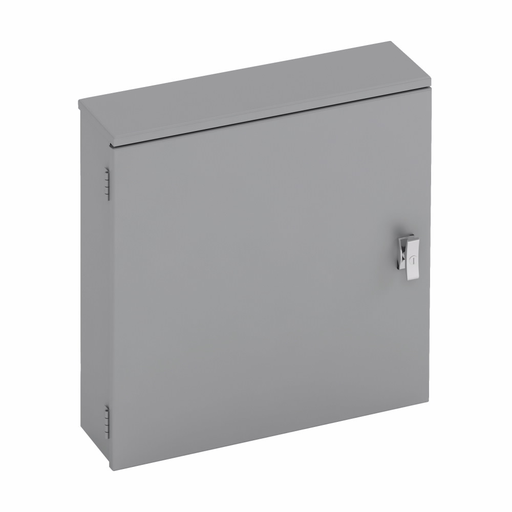 Eaton B-Line series utility enclosures, 12" height, 8" length, 12" width, NEMA 3R, Hinged cover, RTC cabinet, Surface mounted, Small single door, 5 bottom knockouts, Embossed thru holes, Carbon steel