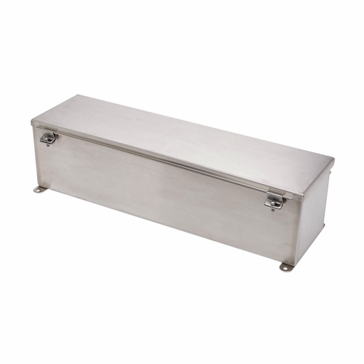 Eaton B-Line series wiring trough, 4" height, 30" length, 4" width, 4XSWT wiring trough, Welded external mounting feet, Hinged cover, NEMA 4X, 304 stainless steel, Seamless poured in-place, Hinged, #4 brushed finish, 14 gauge