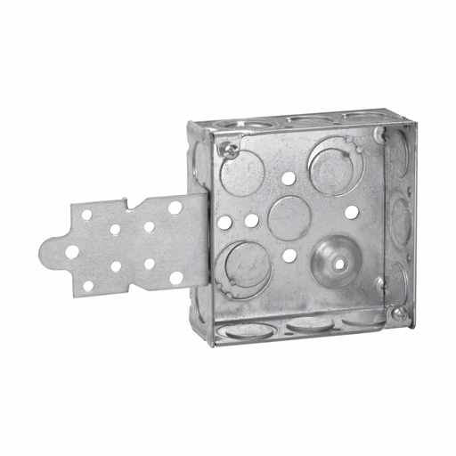 Product image for Crouse-Hinds TP418 4" Square Outlet Box, 1-1/2" Deep, Welded Steel, 1/2" & 3/4" Side & Bottom Knockouts, 'F' Set Flush Bracket