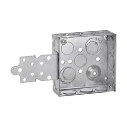 Product image for Crouse-Hinds TP418 4" Square Outlet Box, 1-1/2" Deep, Welded Steel, 1/2" & 3/4" Side & Bottom Knockouts, 'F' Set Flush Bracket