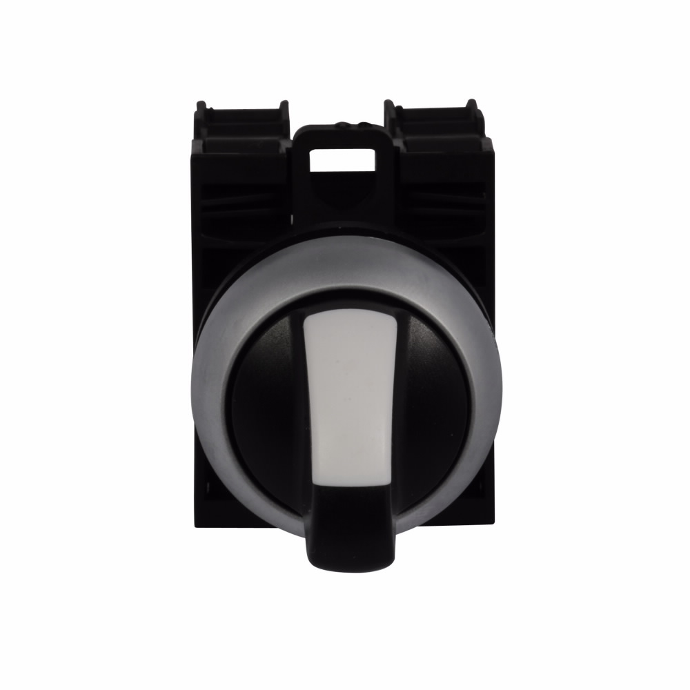 Product image for Cutler-Hammer M22-WRK-K10 M22 modular pushbutton, Completed Device, 22.5 mm, Knob, Two-Position, Maintained, Non-illuminated, Bezel: Silver, Button: Black, 1NO, IP67, IP69K, NEMA 4X, 13