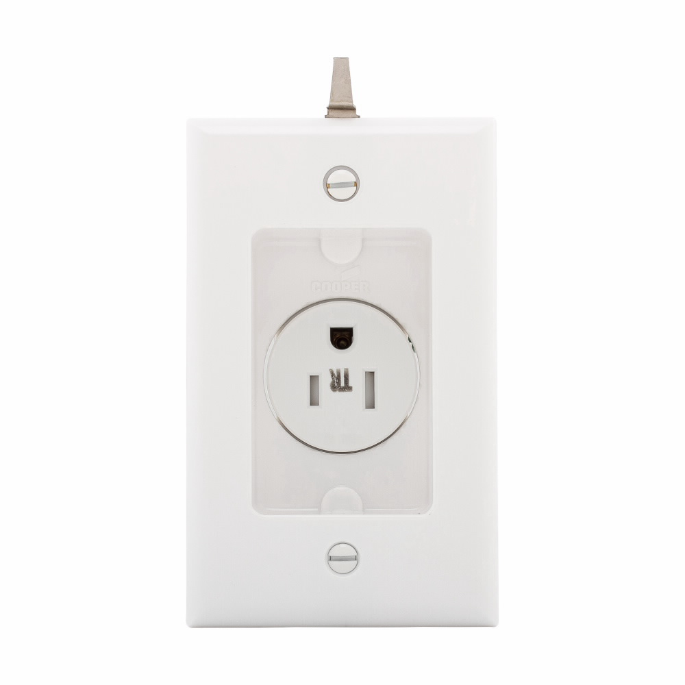 Mayer-DDS-Eaton commercial specification grade single receptacle, #14-10 AWG, 15A, Commercial, Recessed, 125V, Side wire, White, Brass, Impact-resistant thermoplastic face and back body, 5-15R, Single, Screw, Thermoplastic, Retail Box-1