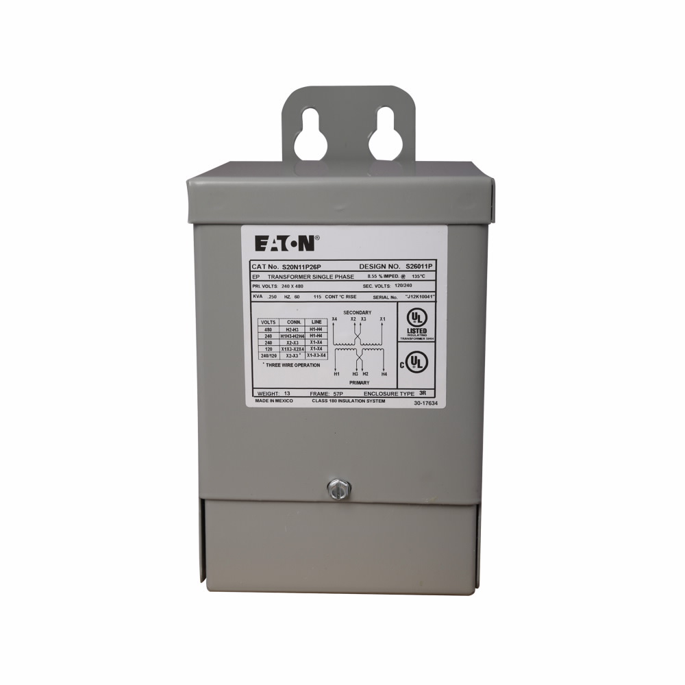 Product image for Cutler-Hammer S20N11S83N General purpose encapsulated transformer, EP, aluminum, NEMA 3R, 55, 60 Hz, single-phase, 240 V, 480 V, 120/240 V, NONE, 115 ?C rise, 0.15 KVA, indoor-outdoor, 3A