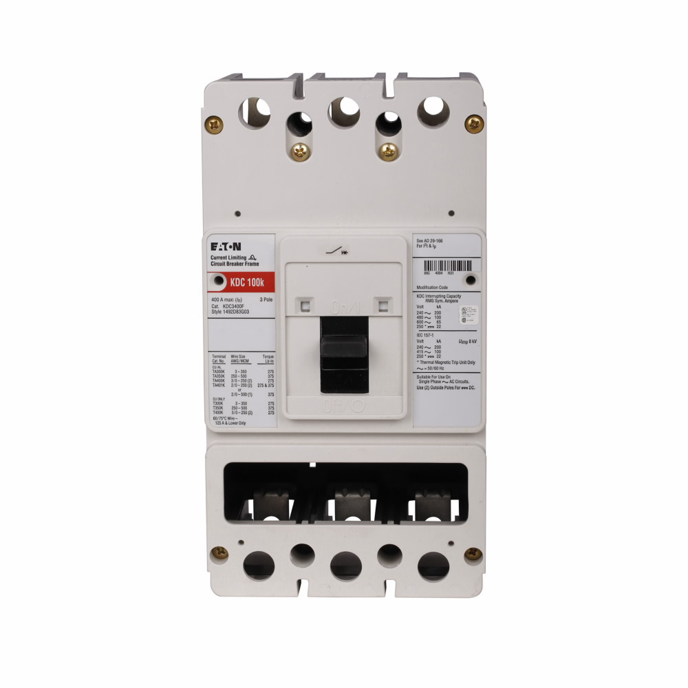 Product image for Cutler-Hammer KDC3100 Series C complete molded case circuit breaker, K-frame, KDC, Complete breaker, Fixed thermal, fixed magnetic trip type, Three-pole, 100A, 600 Vac, 250 Vdc, 200 kAIC at 240 Vac, 100