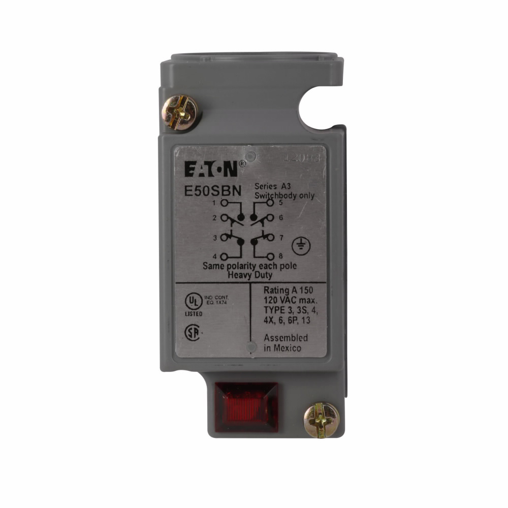 Product image for Eaton Electrical E50SBN 2-Pole 2NO/2NC Heavy-Duty Plug-In Limit Switch Body with 120 VAC Neon Indicating Light