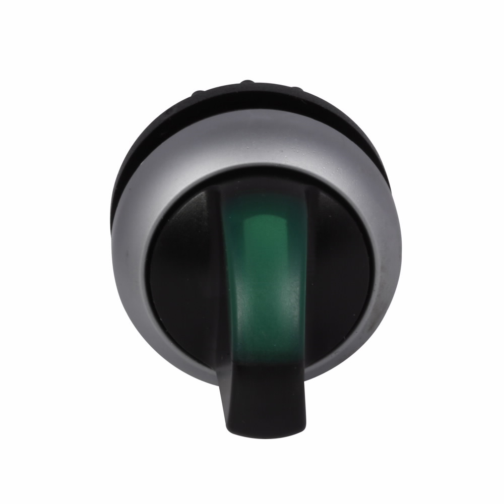 Product image for Cutler-Hammer M22-WRLK-G M22 modular pushbutton, M22 Modular Selector Switch Operator, 22.5 mm, Knob, Maintained, Illuminated, Bezel: Silver, Button: Green, IP66, NEMA 4X, 13, Two-position, Light 100,00