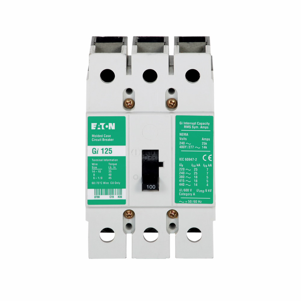 Product image for Cutler-Hammer GI3030 Series C complete molded case circuit breaker, G-frame, GI, Complete breaker, Thermal-magnetic trip type, Three-pole, 30A, 480 Vac, 14 kAIC at 480 Vac, Line and load, International,