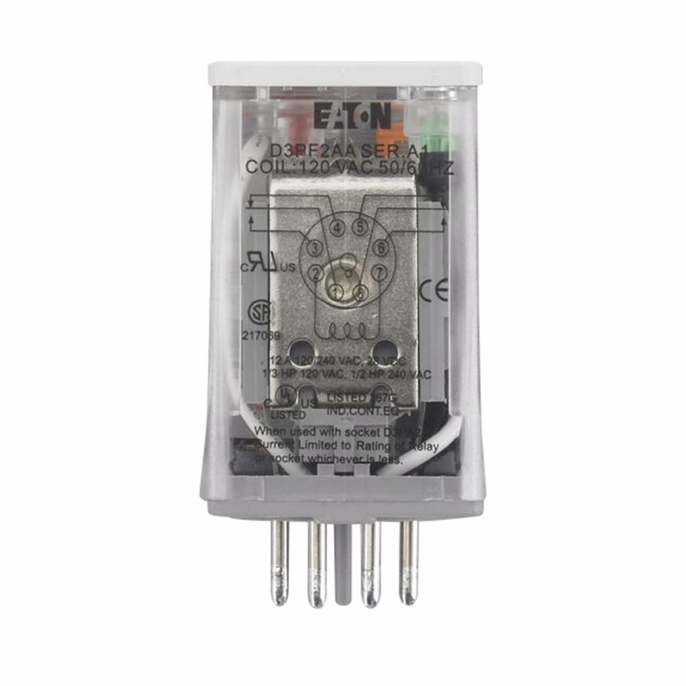 Product image for Eaton Electrical D3PF2AA 120 VAC 1700 Ohm DPDT Silver Alloy AC Operated General Purpose Plug-In Relay