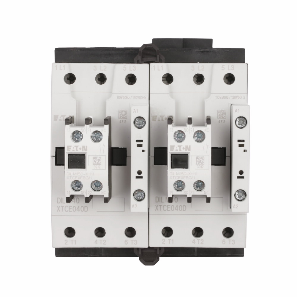 Product image for Cutler-Hammer XTCR040D11TD XT IEC contactor, 40A, Top-mounted, 24-27 Vdc, 1NO-1NC, 40A, Frame D, 55 mm, 3, 7.5/ 10, 15, 30, 40 hp (1/3PH @115, 230/200, 230, 460, 575 V), Three-pole, Reversing, XT IEC se