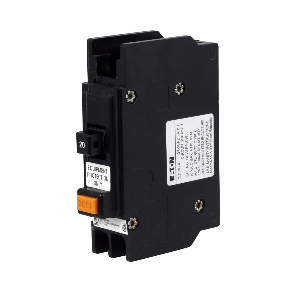 Cutler-Hammer QCGFEP1020 QC GFCI circuit breaker, Equipment protector, 30 mA Trip sensitivity, 25 A, 10 kAIC, Single-pole, 120 V, Non-Interchangeable, Cable-in/cable-out, Breaker type QCGF Product image for Cutler-Hammer QCGFEP1020 QC GFCI circuit breaker, Equipment protector, 30 mA Trip sensitivity, 25 A, 10 kAIC, Single-pole, 120 V, Non-Interchangeable, Cable-in/cable-out, Breaker type QCGF