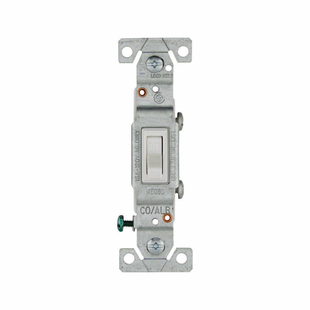 Mayer-DDS-Eaton toggle switch, #14-10 AWG, 15A, Flush, 120V, Side wire, Screw, White, Load type: Motor Control, Fan, LED, Incandescent, ELV, MLV, CFL, Flourescent, Halogen, Single-Pole, Single-Pole, Brass, Polycarbonate-1