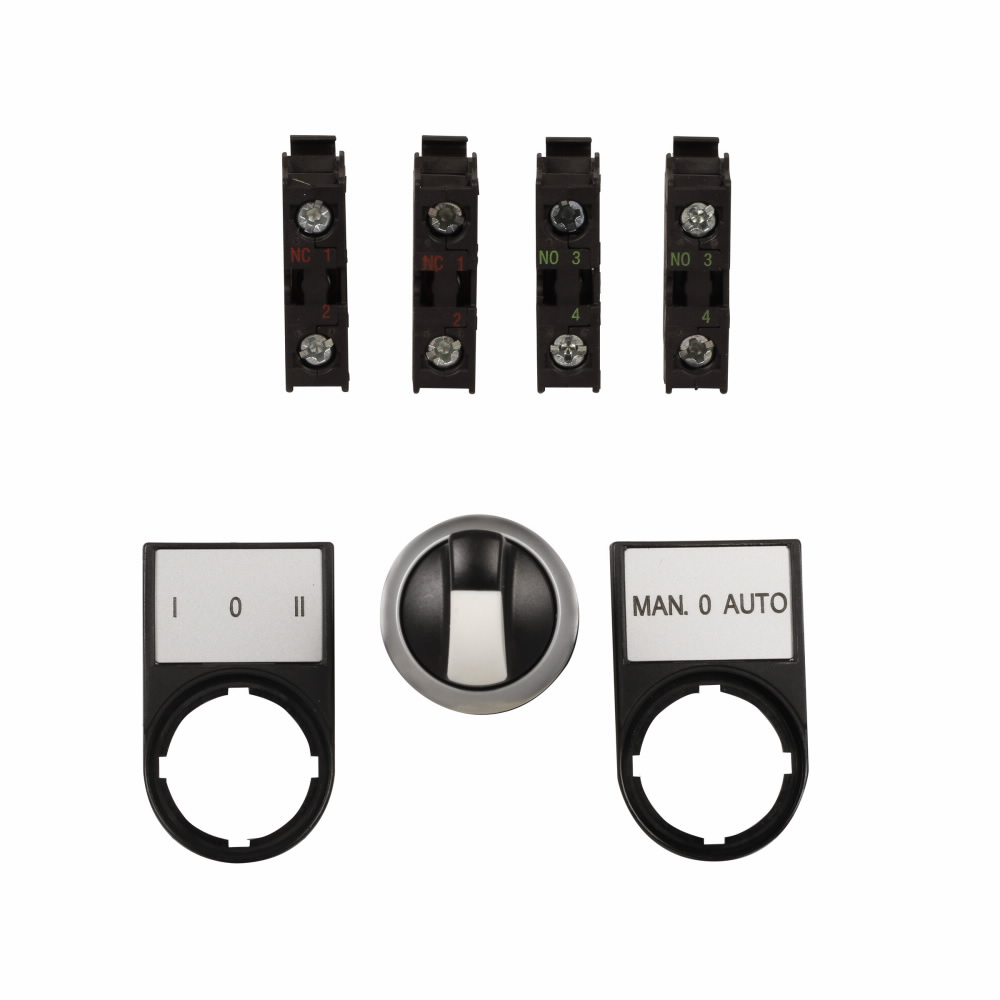 Product image for Cutler-Hammer M22-WK3-K22-P M22 modular pushbutton, M22 Modular Selector Switch Operator Point-of-Purchase Unit, 22.5 mm, Knob, Momentary, Non-illuminated, Bezel: Silver, Button: Black, 1NO/NC, IP66, NE