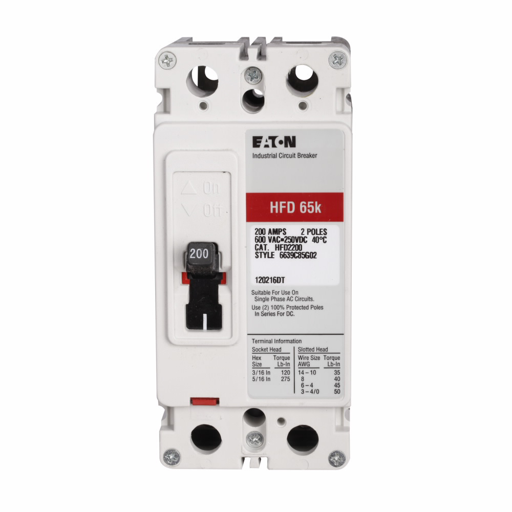 Product image for Cutler-Hammer HFD2150L Series C complete molded case circuit breaker, F-frame, HFD, Complete breaker, Fixed thermal, fixed magnetic trip type, Two-pole, 150A, 600 Vac, 250 Vdc, 100 kAIC at 240 Vac, 65 k