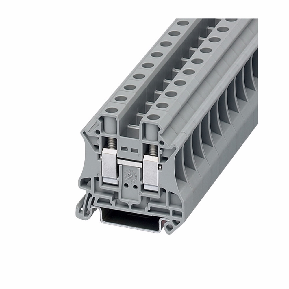 Product image for Cutler-Hammer XBUT10 XB IEC terminal block, XBUT Terminal Block, Single-level through-feed, Gray, 20-6 AWG, 10.2 mm