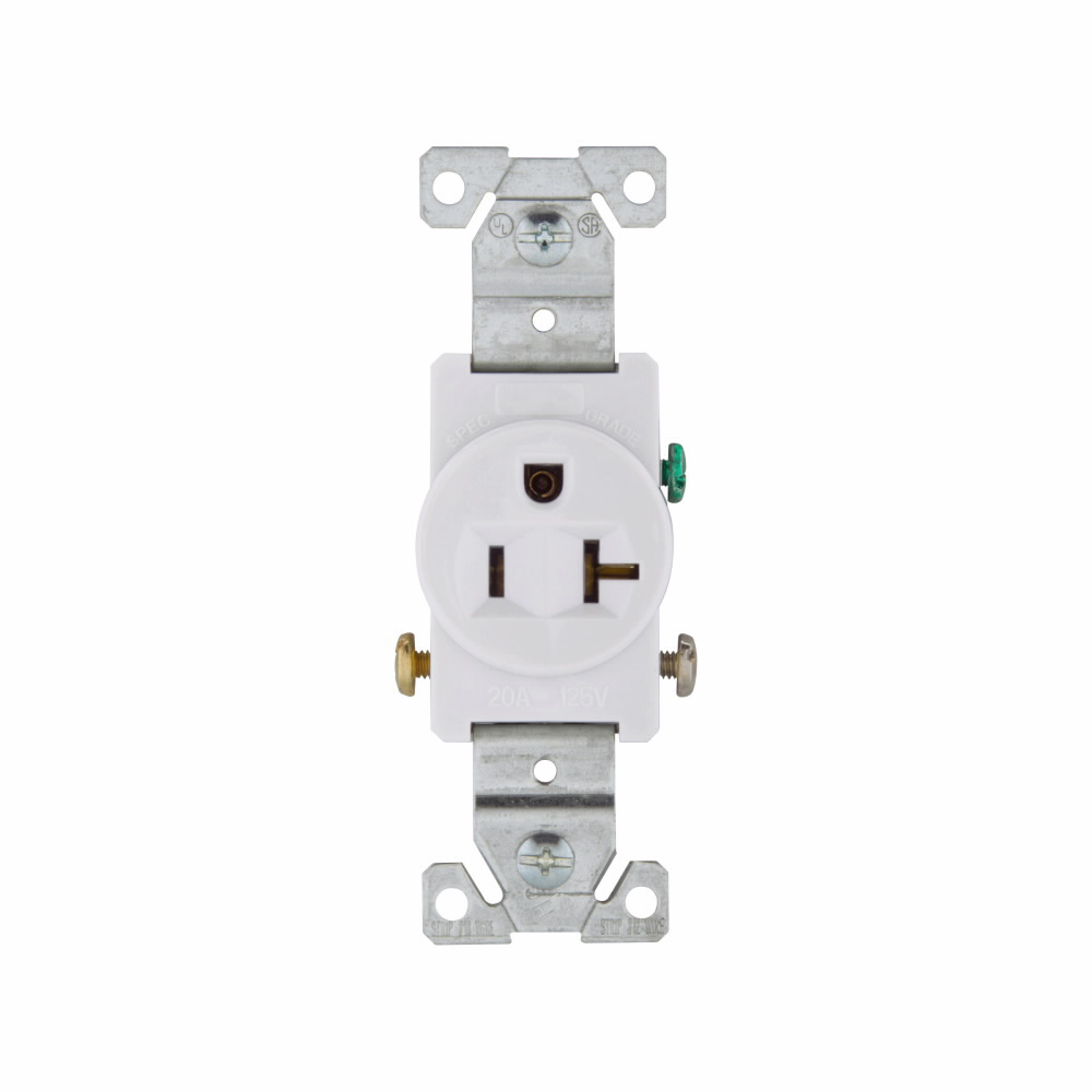 Mayer-DDS-Eaton commercial specification grade single receptacle, #14-10 AWG, 20A, Commercial, Flush, 125V, Side wire, White, Brass, Nylon face, PVC bottom, 5-20R, Single, Screw, PVC, ED Box-1