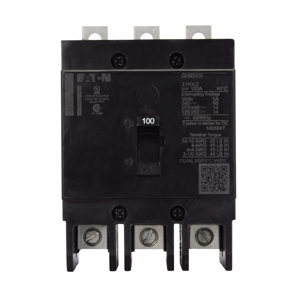 Product image for Cutler-Hammer GHB3090S1 Series C complete molded case circuit breaker, G-frame, GHB, Fixed thermal, fixed magnetic trip, Three-pole, 90A, 480Y/277 Vac, 125/250 Vdc, 65 kAIC at 240 Vac, 14 kAIC at 480Y/2