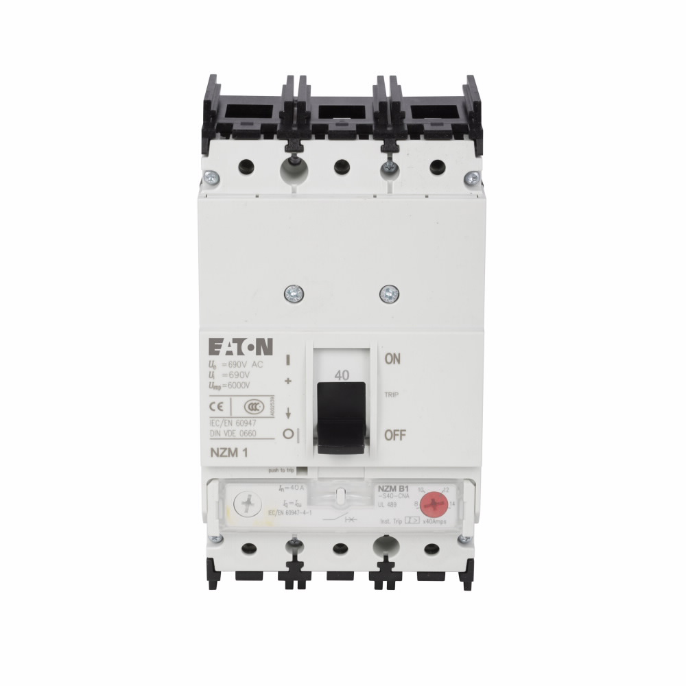 Product image for Cutler-Hammer NZMB1-A50 Series NZM complete molded case circuit breaker, NZM1-frame, NZMB1, Thermal-magnetic trip type, 300-500A trip rating, Three-pole, 50A, 440 Vac, 25 kAIC, Distribution circuit prot