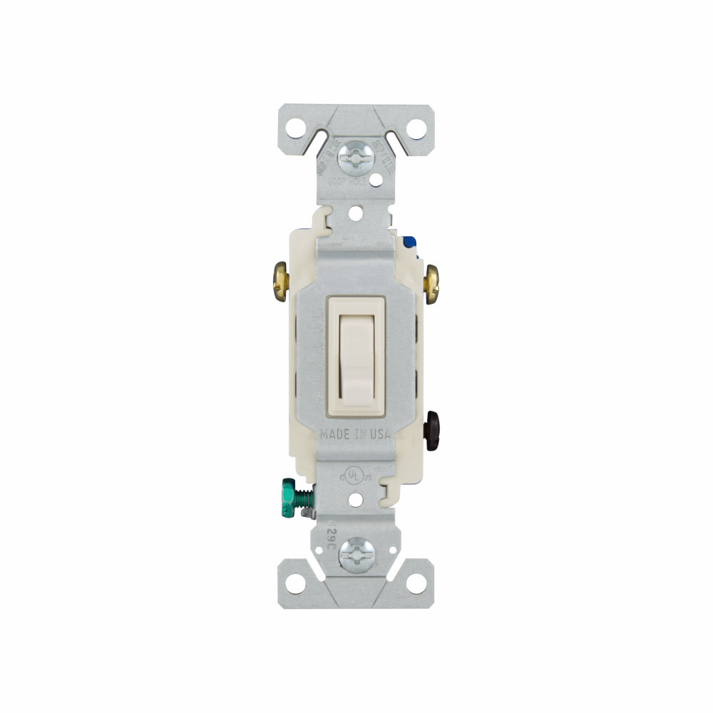 Mayer-DDS-Eaton toggle switch, #14-10 AWG, 15A, Residential, Flush, 120V, Back and side wire, push wire, Screw, Light almond, Load type: Motor Control, Fan, LED, Incandescent, ELV, MLV, CFL, Flourescent, Halogen, Single-Pole, Three-Way, Three-Way-1