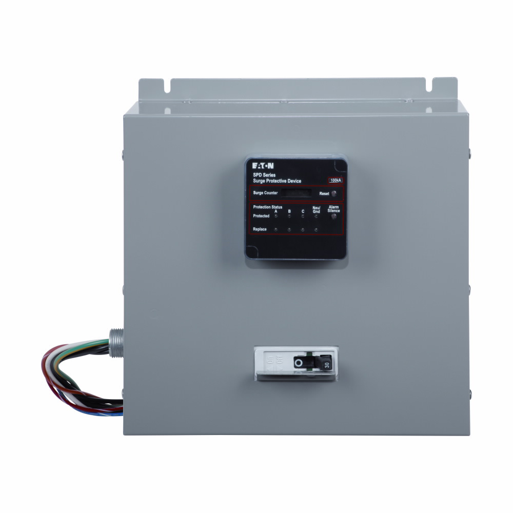 Product image for Cutler-Hammer SPD250480Y3M Surge Protection Device, SPD series, 250 kAIC, 277/480V wye (4W+G), Standard feature package and surge counter, NEMA 1 with internal disconnect enclosure, External side mount, 320 L