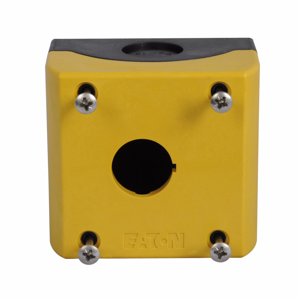 Product image for Cutler-Hammer M22-IY1-PG M22 Surface Mounting Enclosure for M22 Emergency Stop Modular Pushbuttons, 22.5 mm, Non-illuminated, IP67, IP69K, NEMA 4X, 13, Base: Black, Enclosure: Yellow