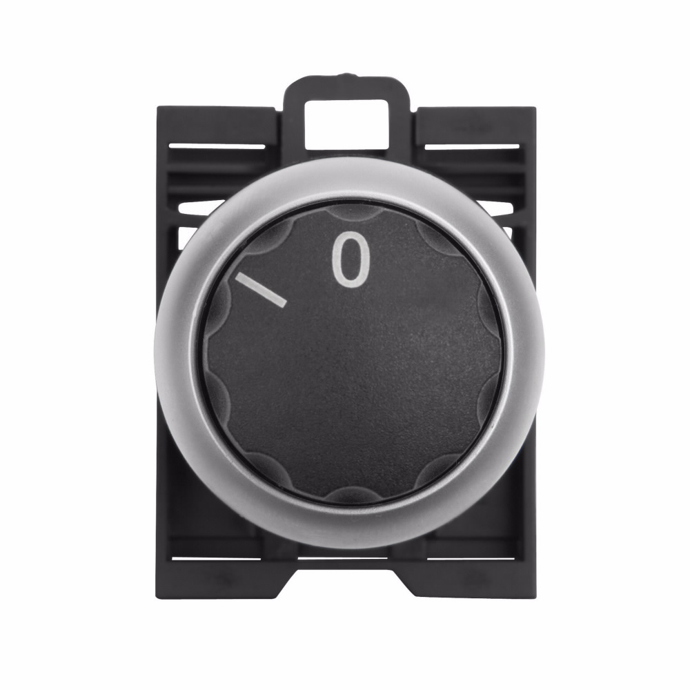 Product image for Cutler-Hammer M22-WR M22 pushbutton operator, 22.5 mm, Rotary, Maintained, Non-illuminated, Bezel: Silver, Button: Black, Inscription: I, 0/ X1, X0, IP66, NEMA 4X, 13, Two-position, 100,000 Operations