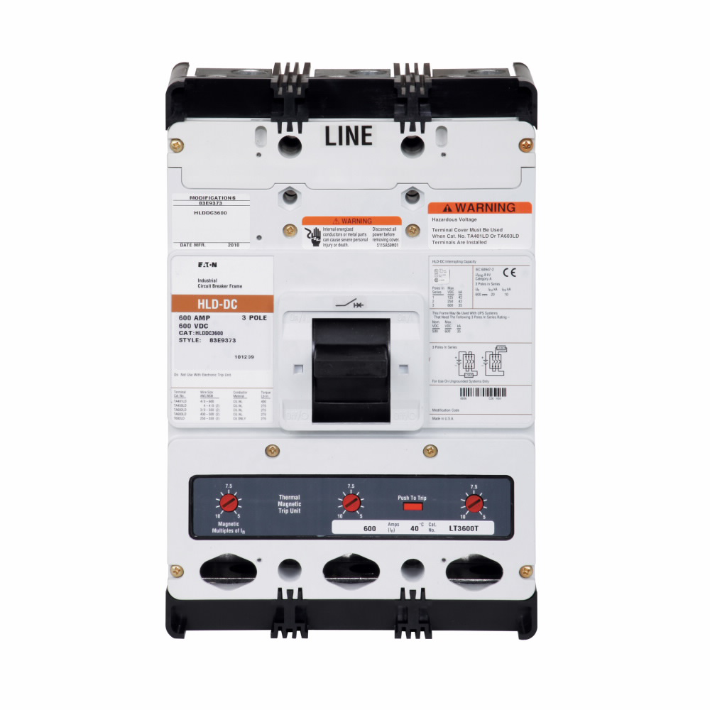 Product image for Cutler-Hammer HLDDC3600F Series C DC/PvGard molded case circuit breaker frame, L-frame, HLD, Frame only, Fixed thermal, fixed magnetic trip type, Three-pole, 600A, 600 Vac, 600 Vdc, 35 kAIC at 600 Vac,