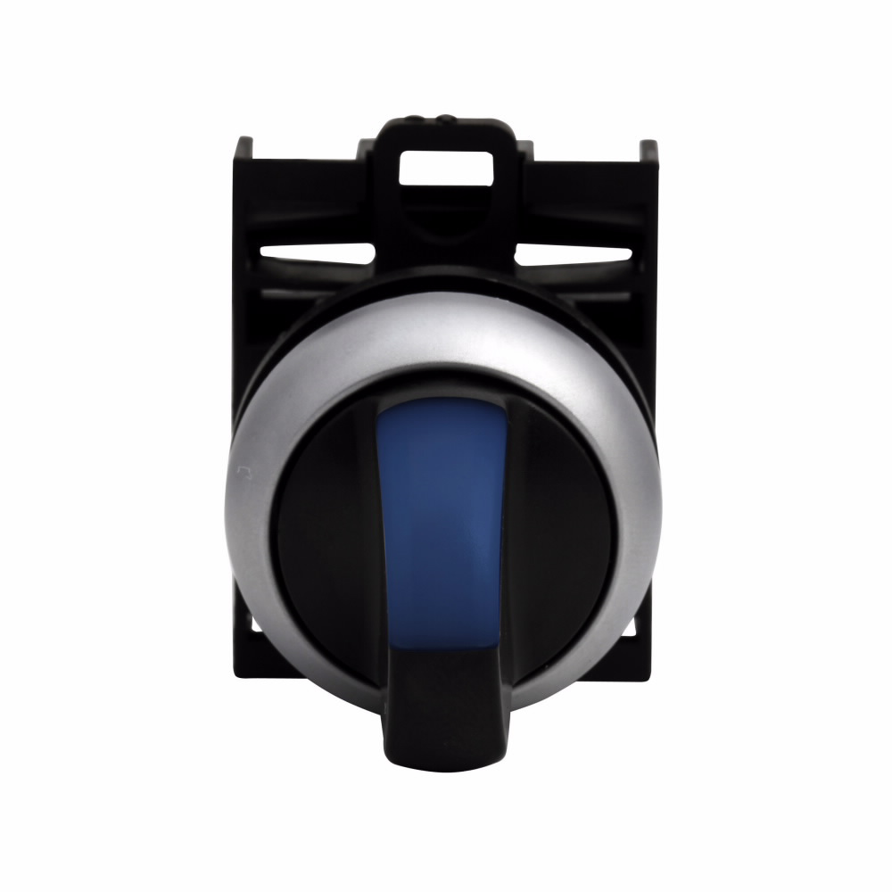 Product image for Cutler-Hammer M22-WLK3-B M22 modular pushbutton, M22 Modular Selector Switch Operator, 22.5 mm, Knob, Momentary, Illuminated, Bezel: Silver, Button: Blue, IP66, NEMA 4X, 13, Three-position, Light 100,00