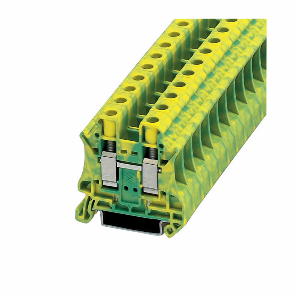 Product image for Cutler-Hammer XBUT10PE XB IEC terminal block, Screw connection single level ground block, Green/yellow, 12 AWG/2.5 mm2, maximum wire