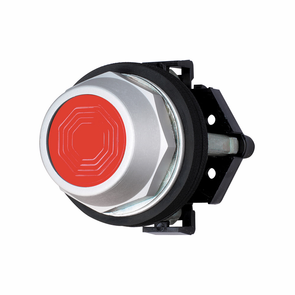 Product image for Cutler-Hammer HT8AAR Eaton, 30.5 mm Watertight/Oiltight Pushbutton operator,Red,Plastic Actuator,Chrome bezel,Non-illuminated,Flush mounting,NEMA 3, 3R, 4, 4X, 12, 13,Momentary,30.5 mm,Flush Pushbutton,HT800