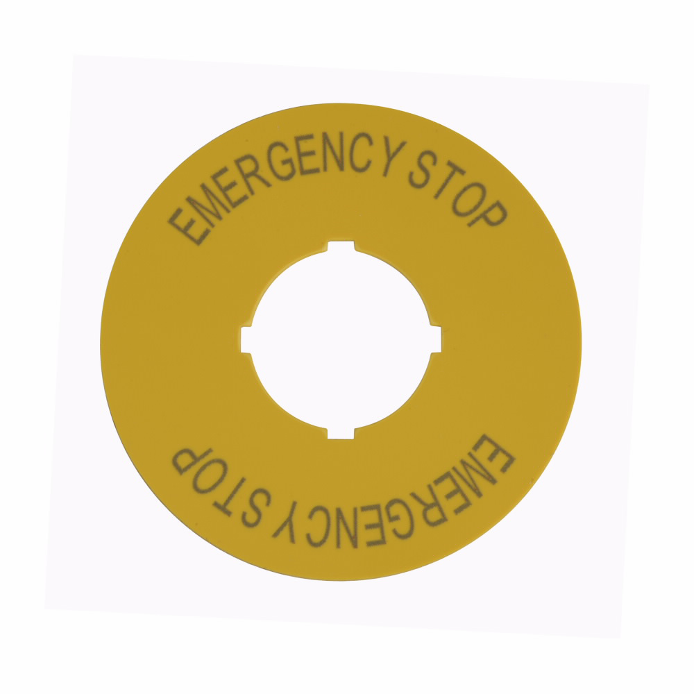 Product image for Cutler-Hammer M22-XBK5 M22 pushbutton legend plate, M22 Modular Pushbutton Legend Plate, Complete, 22.5 mm, Button: Yellow, Inscription: EMERGENCY-STOP (top and bottom)/ GB99, IP66, NEMA 4X, 13
