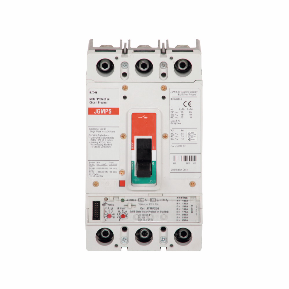 Product image for Cutler-Hammer JGMPS100G Series G motor protection circuit breaker, JG-frame, JG, Complete breaker, Fixed thermal, fixed magnetic trip type, Three-pole, 100A, 600 Vac, 35 kAIC at 480 Vac, Line and load,