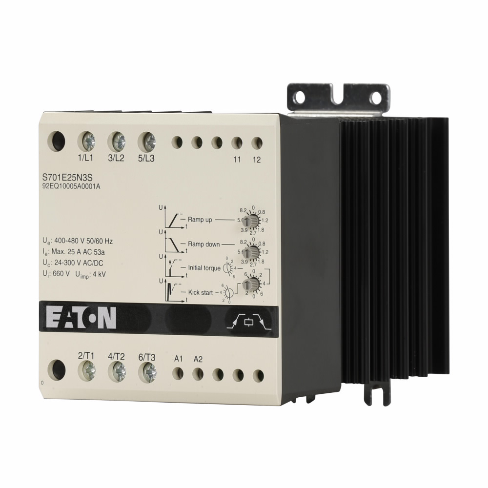 Product image for Cutler-Hammer S701E25N3S Mini soft starter, With DC injection brake, 25A, 400-480V line voltage, 24-240 Vac/dc control voltage, 11 kW