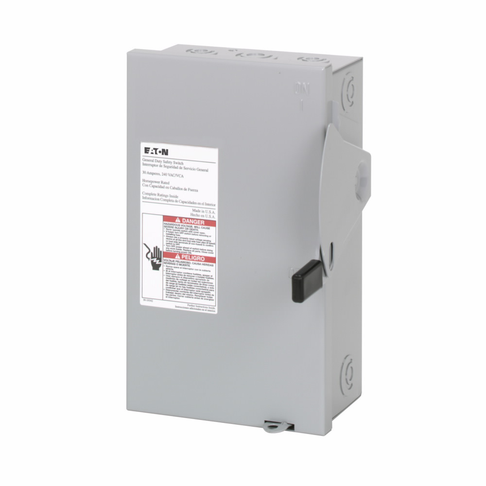 Product image for Eaton Electrical DG221NGB 120/240 VAC 30 Amp 3 to 7.5 Hp 2-Pole 3-Wire Fusible Single Throw Safety Switch