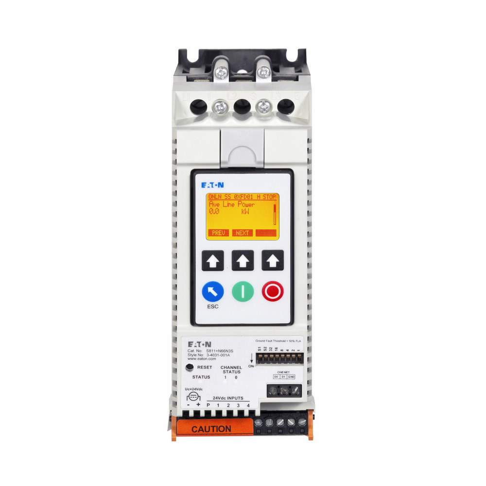 Product image for Cutler-Hammer S811+N66N3S S811+ soft starter, 66 A, N-frame, Three-pole, 24 V power, # 22-14 AWG wire, 120 Vdc, 240 Vac, Modbus RTU, NEMA 0, LCD display, -30?C to -50?C, 200-600 V operating voltage, 47-