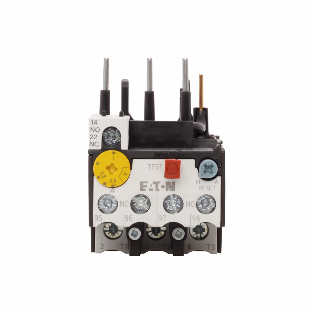 Product image for Cutler-Hammer XTOB001CC1 XT IEC bimetallic overload relay, 0.6-1A overload range, 45 mm Frame size, 1NO-1NC contact configuration, Direct to contactor mounting, used with 18-32A contactor, 10A trip type