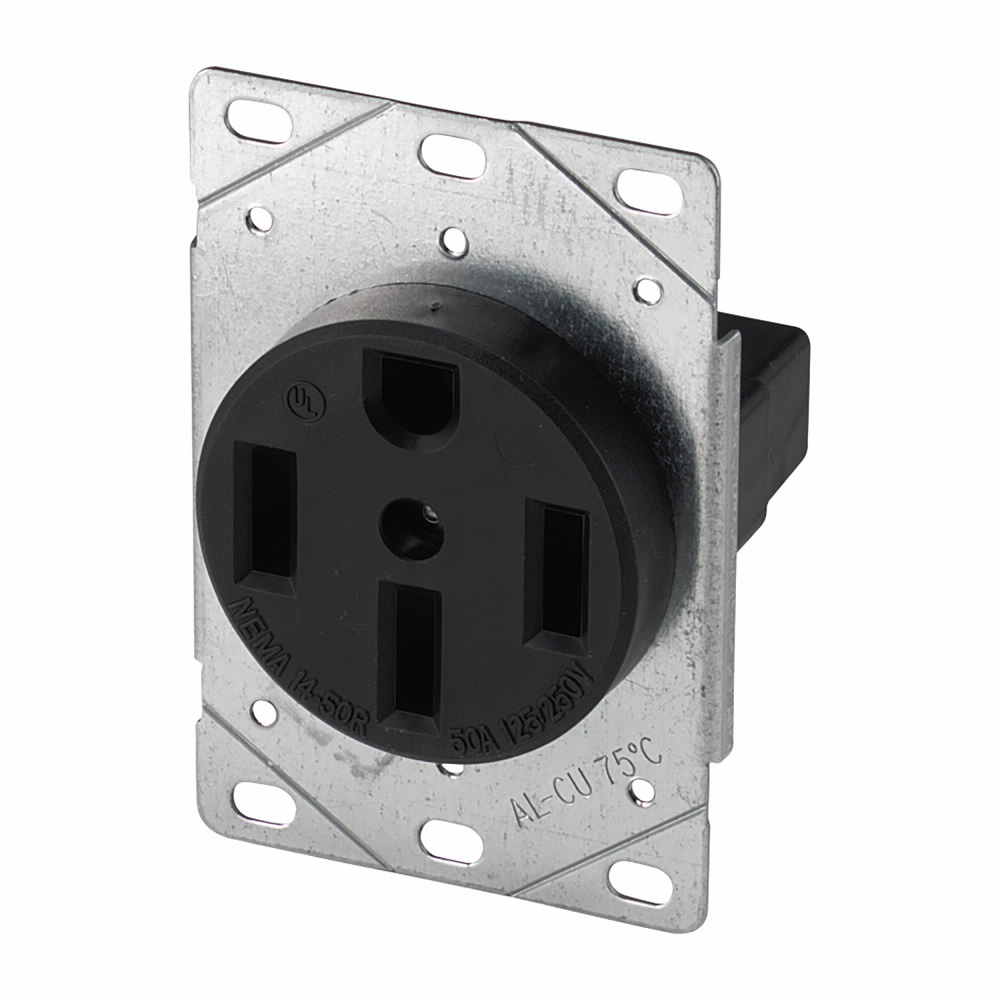 Mayer-DDS-Eaton power device receptacle, Range, #12 - 4 AWG, 50A, Flush, 125/250V, Back, Black, NEMA 14-50R, Three-pole, Four-wire, Three-pole, four-wire, grounding, Screw, Glass-filled nylon, Power, Used with S21-1