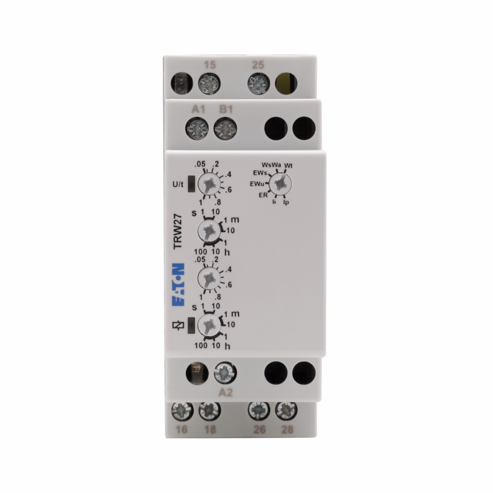 Product image for Cutler-Hammer TRW27 7-function universal TR series timing relay, style terminals, 12-240 Vac/dc input voltage, Compact DIN rail mount, DPDT contact configuration, IP40 enclosure