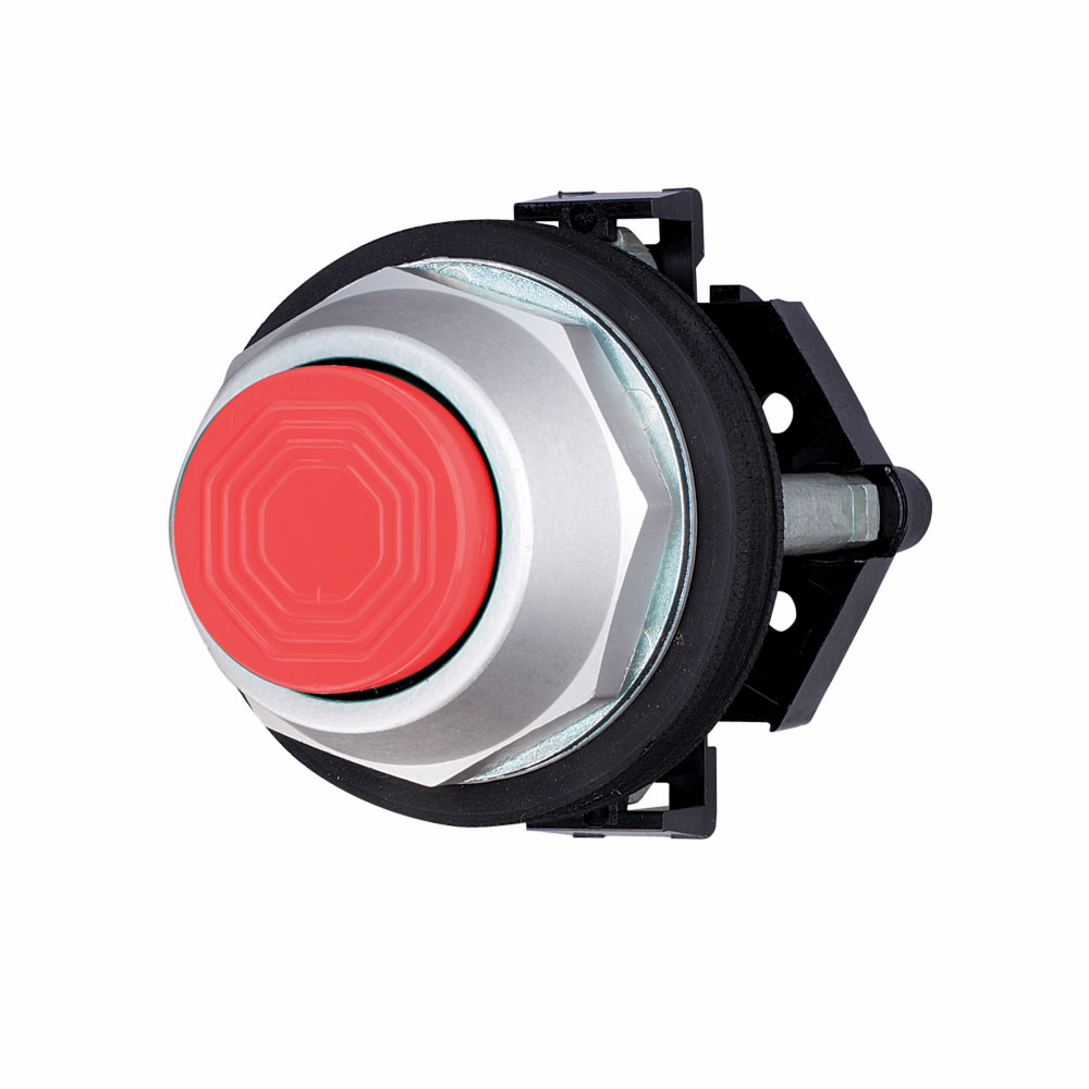 Product image for Cutler-Hammer HT8ABR HT800 pushbutton 30.5 mm, Watertight/Oiltight-HT800, Pushbutton, NEMA 1, 2, 3, 3R, 4, 4X, 12, Non-illuminated, Momentary, Red actuator, Extended, Chrome bezel, Plastic