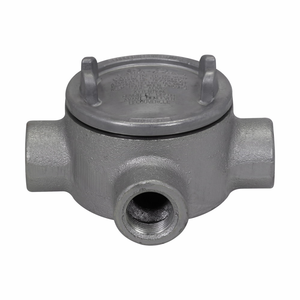 Mayer-DDS-Eaton Crouse-Hinds series Condulet GUA conduit outlet box with cover, 3" cover opening diameter, Feraloy iron alloy, W shape, 1/2"-1