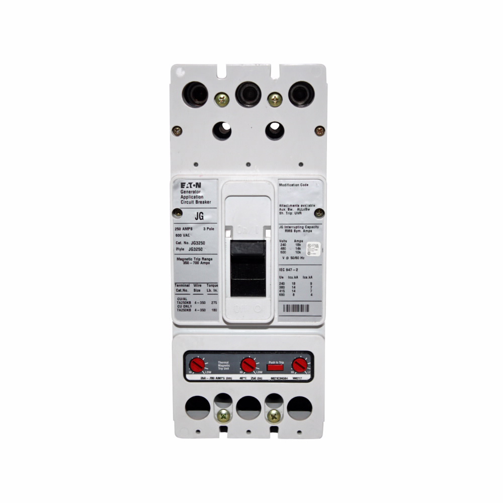 Product image for Cutler-Hammer JG3250S41 Series C complete molded case circuit breaker, J-frame, Thermal-magnetic trip, Three-pole, 250A, 600 Vac, 14 kAIC at 480 Vac, Line/load, Engine generator, 12-24 Vac/dc same side