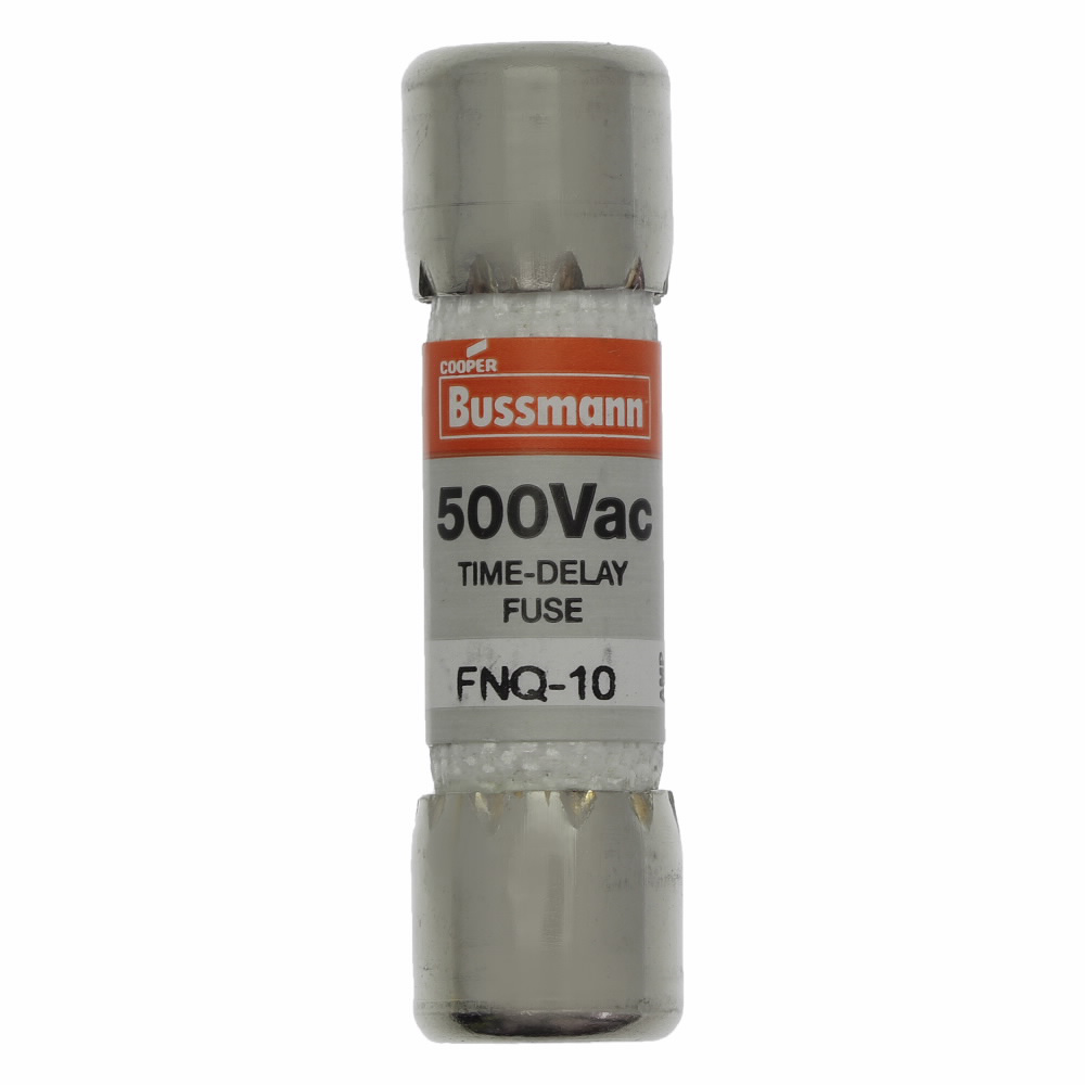 Mayer-DDS-Eaton Bussmann series FNQ fuse, Time-delay Midget fuse, Motor control transformers, circuits with in-rush currents, 10 A, Non-indicating, Ferrule end x ferrule end, 10 kAIC at 500 Vac, Nickel-plated bronze endcap, Standard, 500 V-1