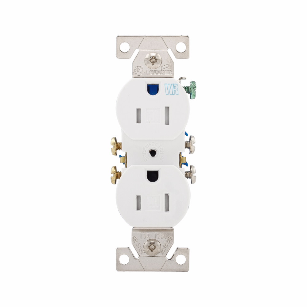 Mayer-DDS-Eaton residential grade duplex receptacle, #14-10 AWG, 15A, Commercial|Residential, Flush, 125V, Side and push, Gray, Brass, Weather resistant, Impact-resistant thermoplastic, 5-15R, Duplex, Screw, Thermoplastic, Core pack-1