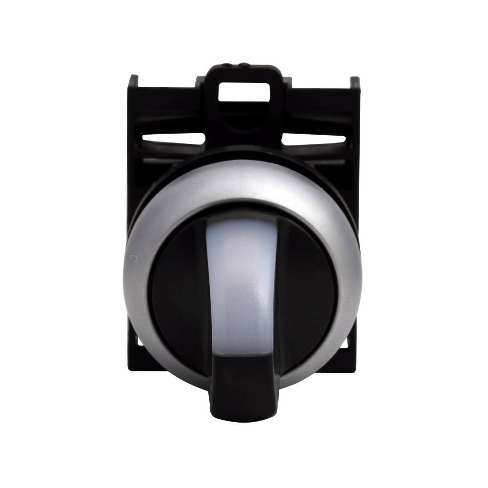 Product image for Cutler-Hammer M22-WRLK-W M22 modular pushbutton, M22 Modular Selector Switch Operator, 22.5 mm, Knob, Maintained, Illuminated, Bezel: Silver, Button: White, IP66, NEMA 4X, 13, Two-position, Light 100,00