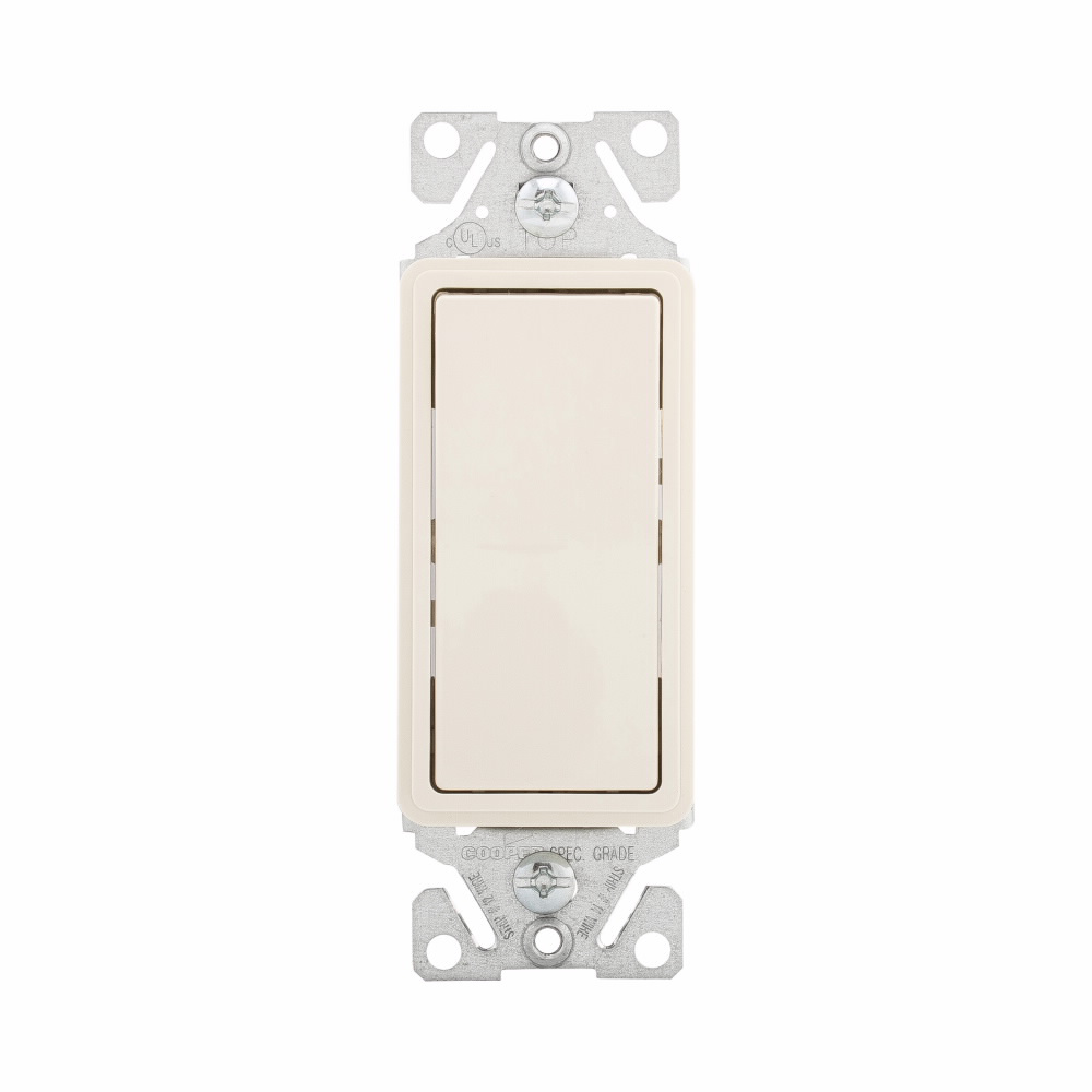 Mayer-DDS-Eaton standard grade decorator switch, #14-12 AWG, 15A, Flush, 120/277V, Back/push, Decorator, Maintained, Light almond, Motor Control, Fan, LED, Incand, ELV,MLV,CFL, Florscnt, Halogen, Single-pole, Thermoplastic-1