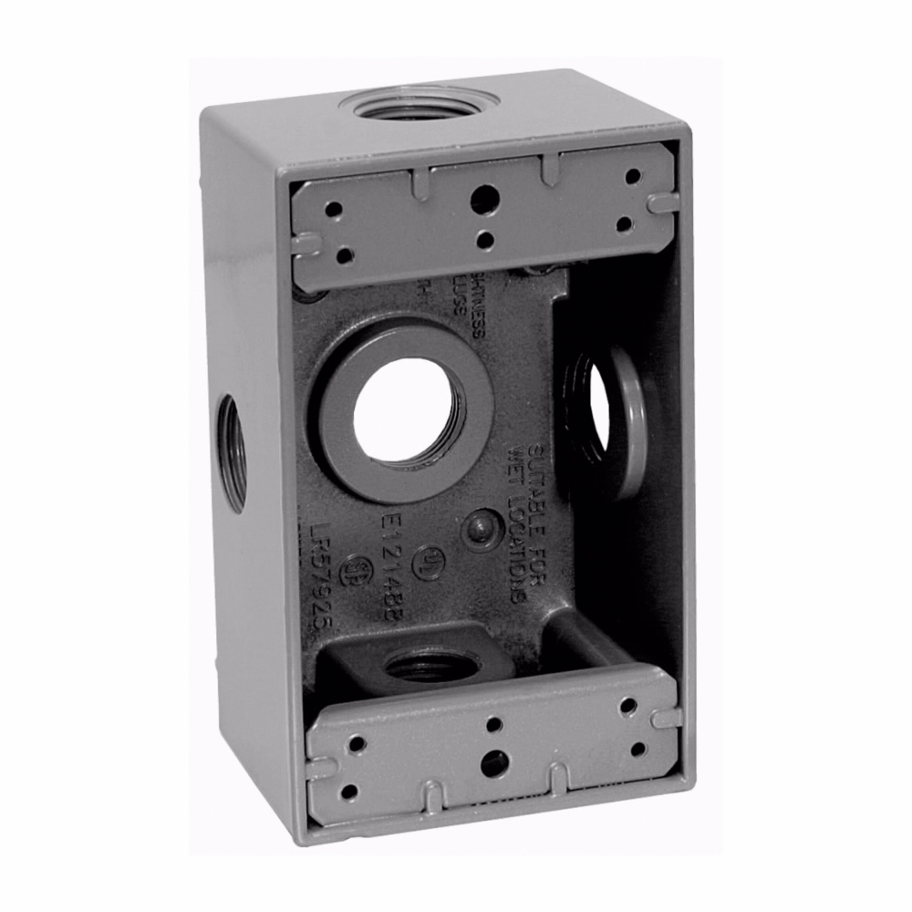 Product image for Crouse-Hinds TP7058 1-Gang Weatherproof Outlet Box w/ Side Entry, 2" Deep, 18cu.in., (5) 1/2" Outlet Holes, Gray