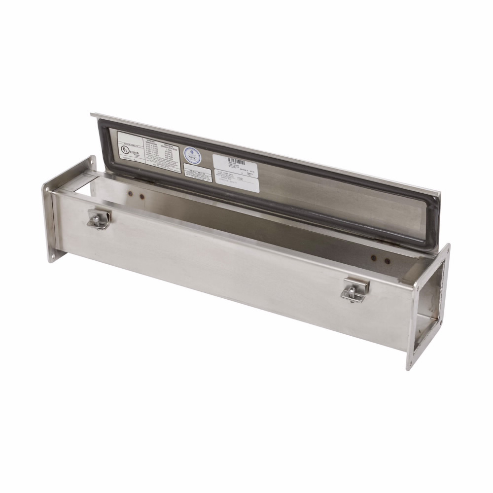 Product image for B-Line 6660-4XSFW 6" x 6" x 60" 4XSFW wireway, Wireway hanger, Hinged cover, NEMA 4X, 304 stainless steel, Seamless poured in-place, Hinged, #4 brushed finish, 16 gauge