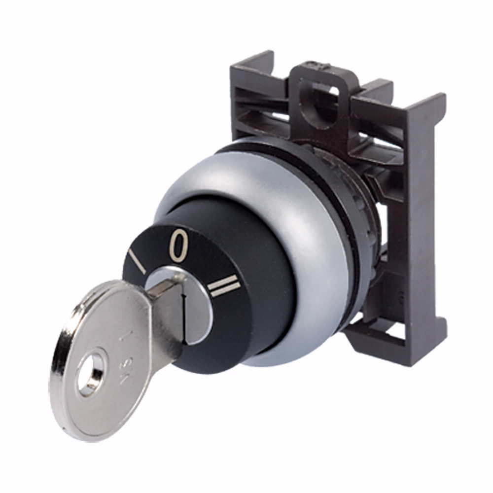 Product image for Cutler-Hammer M22-WRS3 M22 Modular Three Position Key-Operated Selector Switch, 22.5 mm, Maintained, Key removable left/ right, Non-illuminated, Bezel: Silver, Button: Black, MS1, IP66, NEMA 4X, 13, Thr